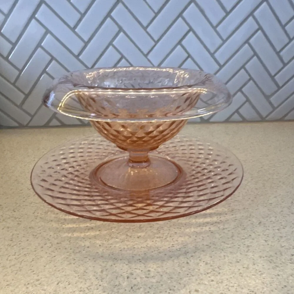 Imperial Pink Pressed Glass Diamond Pattern Round Bowl Glossy Finish